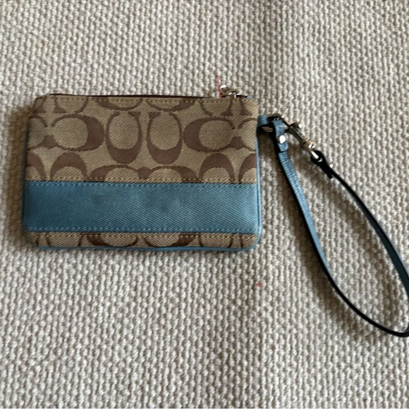 COACH Brown and Stone Blue Wristlet Wallet Logo Canvas - Picture 1 of 2